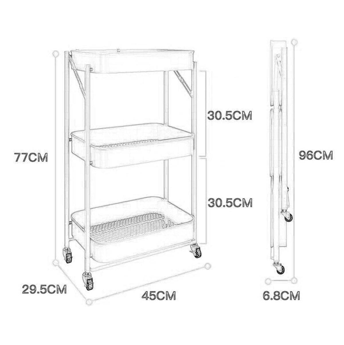 Carro de cocina | 3 Niveles | Metálico | Plegable