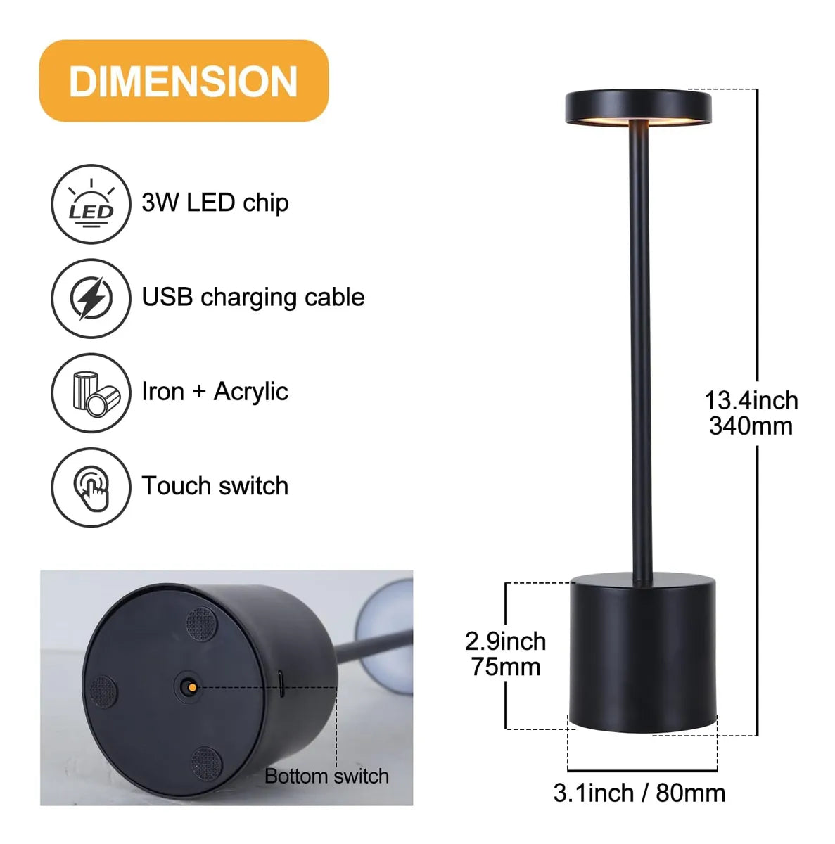 LÁMPARA DE MESA RECARGABLE NEGRA